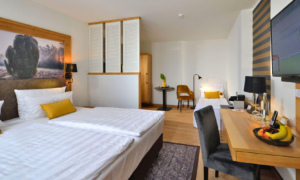 Apartment_Zimmer_3 Helles Hotelzimmer mit Doppelbett, Einzelbett,Schreibtisch und Kleiderschrank