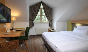 EZ_NEU_Landhotel-Schnuck-0619-063_3925ab11d6 Einzelzimmer mit großem Bett, Vorhängen und Fensterblick