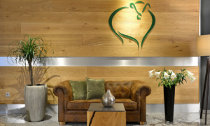 Empfangsbereich mit braunem Ledersofa und grünem Logo