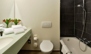 Landhotel-Schnuck-Bad-1216_059_6540b79574 Badewanne mit Duschbrause und Toilette im Hotelbad