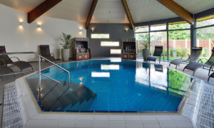 Landhotel-Schnuck-Schwimmbad_0917_106_373986a079 Innenpool mit Liegen, Holzdecke und großen Fenstern