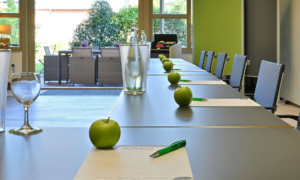 Langer Konferenztisch mit grauer Oberfläche, an dem auf jedem Platz ein grüner Apfel, ein Block und ein grüner Kugelschreiber liegen. Auf dem Tisch stehen außerdem ein leere Gläser und Wasserflaschen in transparenten Flaschenkühlern. Im Hintergrund ist große Fensterfront mit Blick auf eine Terrasse mit Sitzmöbeln und viel Grün.