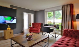 Suite_e4b3e96544 Wohnzimmer mit TV, rotem Sofa und Gartenzugang
