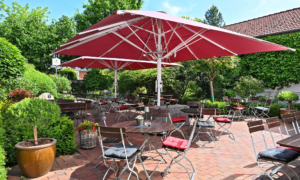 Landhotel-Schnuck_0525_06 Terrasse mit Sonnenschirm und üppigem Grün im Hintergrund