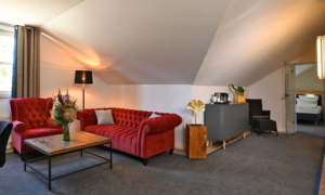 Gemütlicher Wohnbereich im Dachgeschoss mit rotem Sofa, Sessel, Couchtisch und Blick ins angrenzende Schlafzimmer.