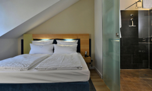 Modernes Hotelzimmer mit Doppelbett unter der Schräge und angrenzendem Bad hinter einer Glas-Schiebetür.