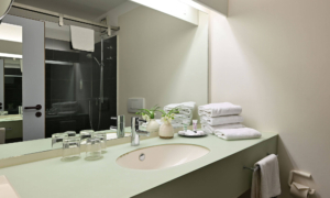 A bright, modern bathroom with a sink, white towels, plants, and a mirror; in the background, a shower with a glass wall.