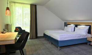 Helles Hotelzimmer mit zwei Einzelbetten, Holz-Headboard, Schreibtisch und Sessel am Fenster.